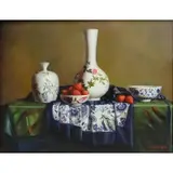 K. K Wong, Untitled, Oil on Board Still Life with Vases and Strawberries