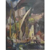 František Emler, Harbor Scene, Oil on Canvas