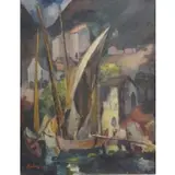 František Emler, Harbor Scene, Oil on Canvas