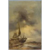 Ch. Leickert by Charles Leickert, Oil on Panel of Boats at Shore, sold Oct 2013