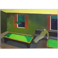 David Schwab, Pool Room., 1965 Oil on Canvas "Pool Room." Signed and dated lower left