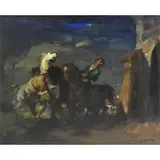 Louis Jambour, Typed artist biography verso and old Christie's label verso, Oil on Canvasboard of Riders on Horseback