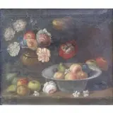 Willem Kalf, Monogrammed lower right, Oil on Canvas Still Life with Fruit and Flowers
