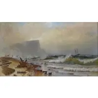 Alfred Bricher, Rough Seas of Grand Manan., Watercolor "Rough Seas of Grand Manan." Watercolor on paper laid on canvas