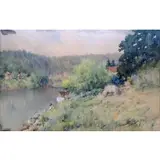 Paul Sawyier, Pencil inscription verso, Watercolor of Fisherman on Lake