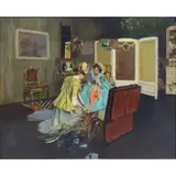 Paul Meyer-Mainz, Paul Meyer-Mainz, German, 1864 - 1909, Oil on Panel of Two Girls Packing a Trunk