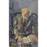 Alex Tschernjawski, Alex Tschernjawski, American/Yugoslavian, b, Oil on Board of a Man Reading Signed twice (?) lower left and dated 1977 (?)