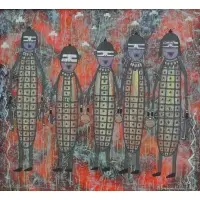 Delbridge Honanie, Coochsiwukioma, Oil on Canvas of Five Hopi Figures