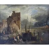 Eugene G Isabey, Village Au Bord de la Mer., L. Oil on Canvas "Village Au Bord de la Mer." Signed and dated 1841 (?) lower right