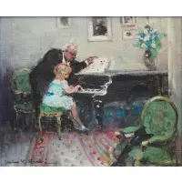 Jules Rene Herve, Jules Rene Herve, French, 1887 - 1981, Oil on Canvas of Child's Piano Rehearsal