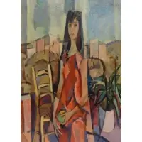Anton Vorauer, Anton Vorauer, Austrian, 1905 - 1985, Oil on Masonite of Woman on Terrace