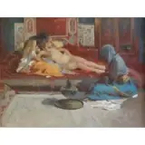 W. E. Vizkeleti, Witman Etelka Vizkeleti, Hungarian, 1882-1962, Orientalist Oil on Canvas with Nudes and Musician