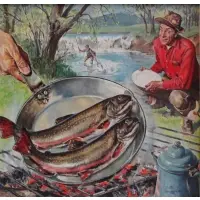 Walter Baumhofer, Walter Martin Baumhofer, American - New York, 1904 - 1987, Gouache on Board Illustration of Fishermen with Fish Over a Campfire