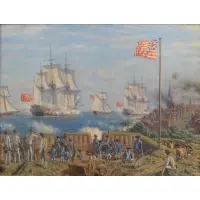 Oswald Brett, Date and location on hand painted frame, Historical Oil on Canvas of the July 12, 1776 British Invasion of New York Harbor