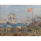 Oswald Brett, Date and location on hand painted frame, Historical Oil on Canvas of the July 12, 1776 British Invasion of New York Harbor