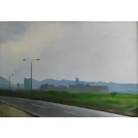 Carolina Landea Burchard, Parque Arauco., Oil on Canvas of a Desolate Road "Parque Arauco." Signed lower right