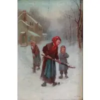 James C Thom, James Crawford Thom, American, 1835 - 1898, Oil on Wood Panel of Children in Snowy Landscape