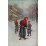 James C Thom, James Crawford Thom, American, 1835 - 1898, Oil on Wood Panel of Children in Snowy Landscape