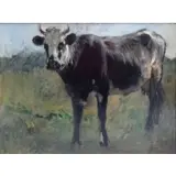 Felix Vuillefroy, Chilean exhibition label verso, Oil on Canvas of a Cow in Pasture