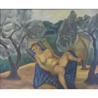 Manuel Boccini, Nude In Hammock., 1928 Oil on Canvas "Nude In Hammock." Signed lower left
