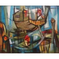 Clare Jordan, Untitled, Modernist Oil on Masonite Harbor Scene