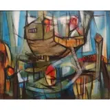 Clare Jordan, Untitled, Modernist Oil on Masonite Harbor Scene