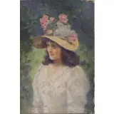 Leon Moran, Leon Moran, American, 1864 - 1941, Oil on Canvas of Beauty with Flowered Bonnet