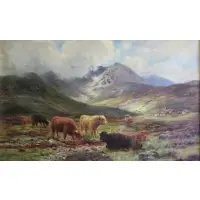 Louis B Hurt, Louis Bosworth Hurt, British, 1856 - 1929, Oil on Canvas of Scottish Highland Cattle in Landscape