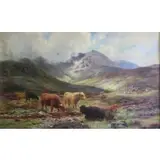 Louis B Hurt, Louis Bosworth Hurt, British, 1856 - 1929, Oil on Canvas of Scottish Highland Cattle in Landscape