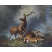 Hugh Newell, Baltimore., 1855 Oil on Canvas of Two Stags