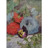 Thomas Worsey, Thomas Worsey, British, 1829 - 1875, Oil on Canvas Still Life with Birds Nest, Flowers, and Insects