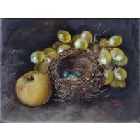 George Crisp, Untitled, Oil on Canvas Still Life with Birds Nest, Grapes, and Apple