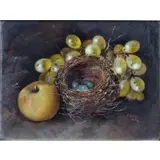 George Crisp, Untitled, Oil on Canvas Still Life with Birds Nest, Grapes, and Apple