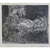 Pablo Picasso, Garcon et Dormeuse a la Chandelle., Etching and Aquatint "Garcon et Dormeuse a la Chandelle." Plate 26 from La Suite Vollard