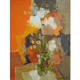 Noé Canjura, Bouquet Au Fond Rouge., Oil and Sand on Canvas "Bouquet Au Fond Rouge." Signed lower right
