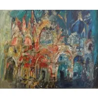 Jonah Kinigstein, Saint Mark's Square., Oil on Masonite "Saint Mark's Square." Signed lower right
