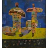 Rolando Pisquiy, Flauteros., Oil on Canvas "Flauteros." Signed lower left and dated 2000