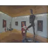 Nathaniel E Reich, Singed lower left, Oil on Masonite of Woman in Art Gallery