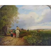 David Cox, Faded inscription on frame, label verso, Oil on Panel of Harvesters in a Field