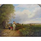 David Cox, Faded inscription on frame, label verso, Oil on Panel of Harvesters in a Field