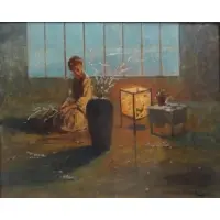 Kamaroni Kacks, Interior with Woman Seated by Lantern, Oil on Canvas