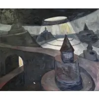Landscape With Towers by Chuck Connelly, Large Oil on Canvas, sold Apr 2013