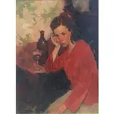 Joseph Lorusso, Joseph Lorusso, American, b, Oil on Board of Woman with a Red Wine