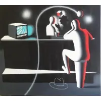 Mark Kostabi, Saturday Night., Oil on Canvas "Saturday Night." Signed and dated center left