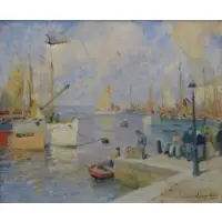 Paul Émile Lecomte, Paul Emile Lecomte, French, 1877 - 1950, Oil on Canvas of Bustling Harbor