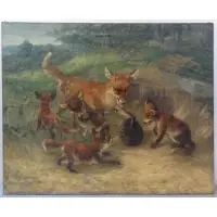 Fritz Schurmann, Fritz Schurmann, German,1863 - (?), Oil/Canvas of a Family of Foxes