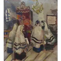 Ilya Schor, Unsigned, Gouache of Rabbis at Temple