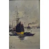 Louis Dupuy, Louis Dupuy A.K.A. Eugene Galien-Laloue, French, 1854 - 1941, Oil on Panel of Ship in Harbor