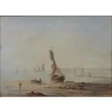 Herminie H Gudin, Herminie Henriette Gudin, French, 1825 - 1876, Oil on Canvas of Fishermen and Boats at Shore