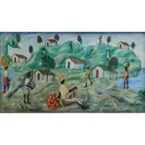 Jasmin Joseph, Jasmin Joseph, Haitian, b, 1962 Oil on Masonite Surrealist Haitian Village Scene